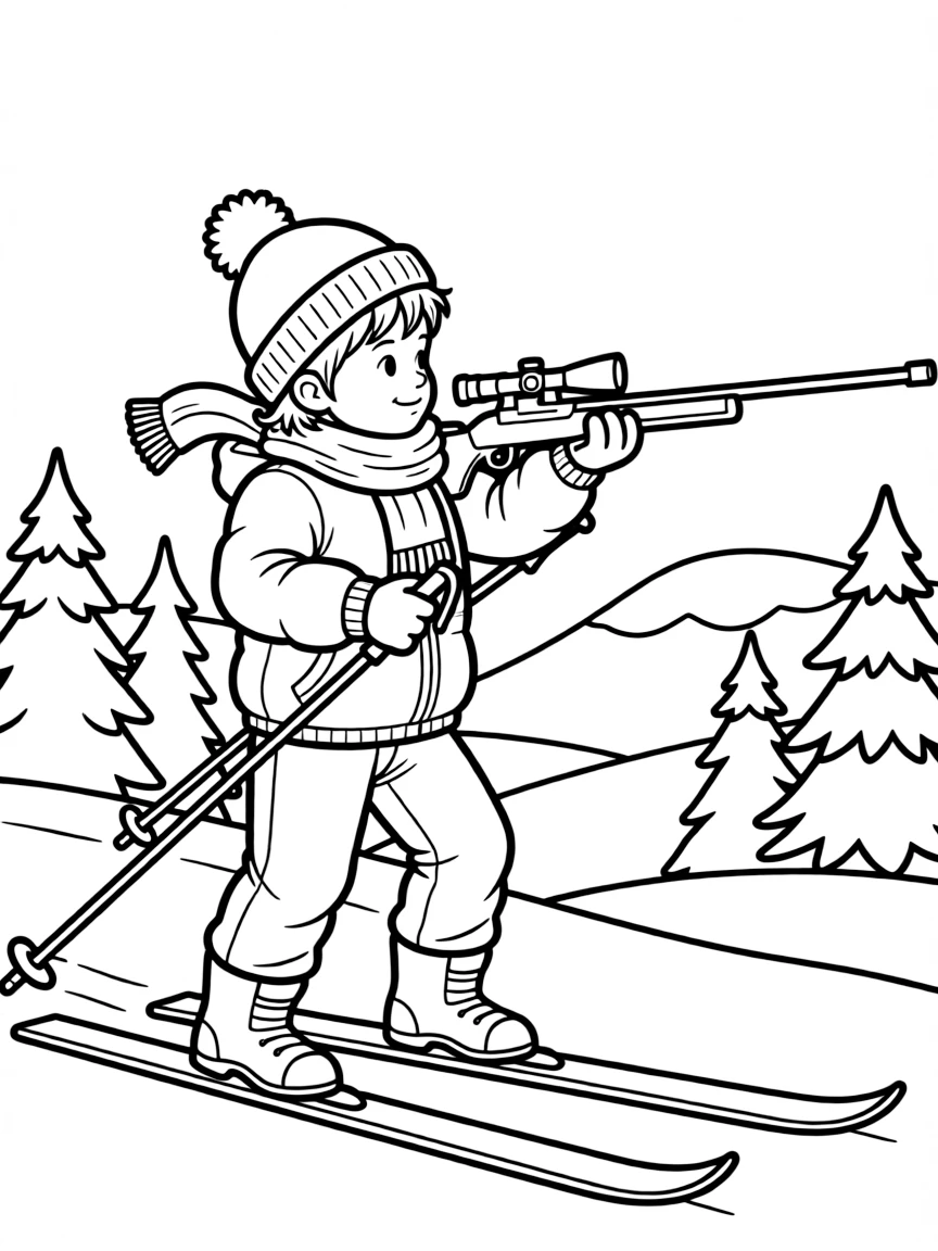 (sports) A child cross-country skiing and shooting (biathlon)