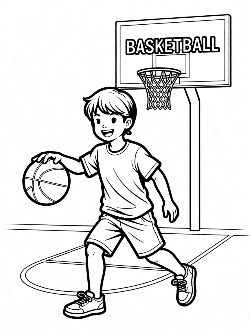 (sports) A child an excited child playing basketball