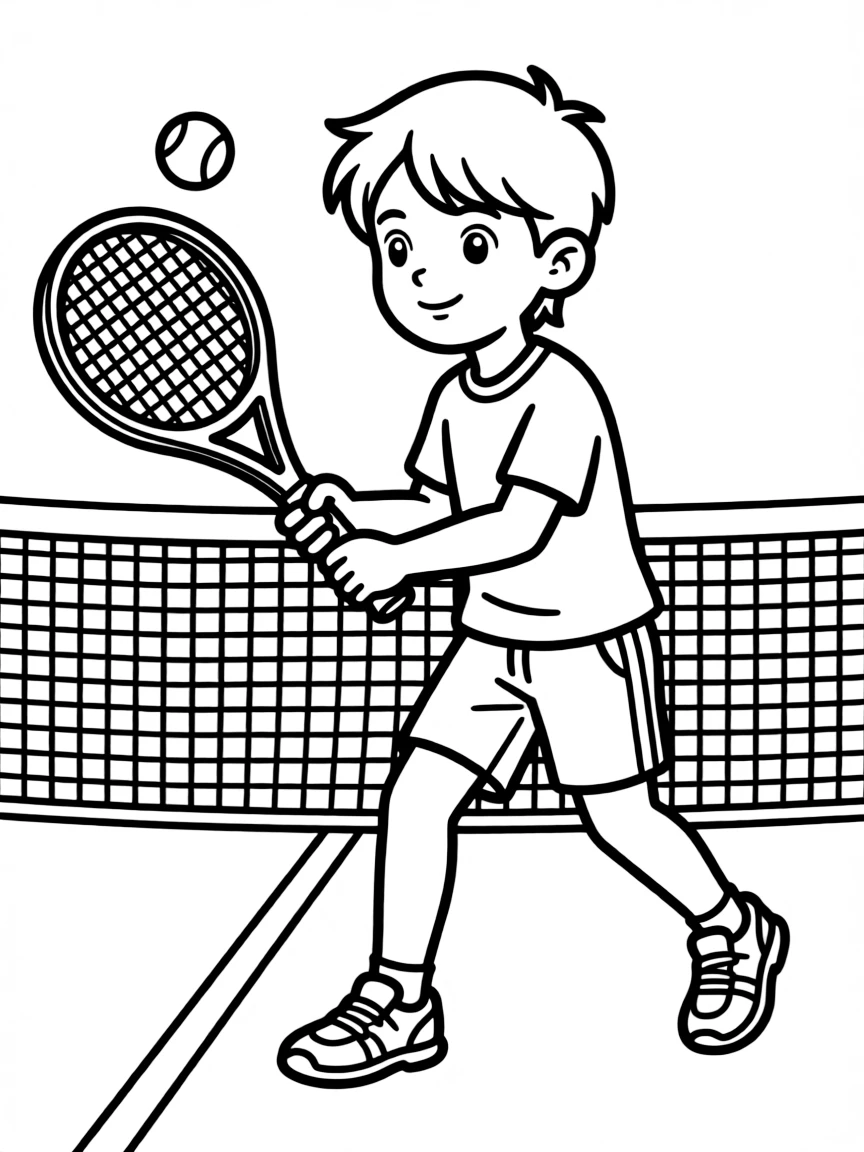 (sports) A child a focused child playing tennis