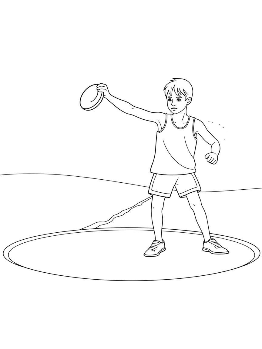 (sports) A child a strong child throwing a discus