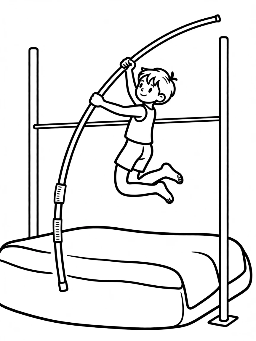 (sports) A child a high-reaching child pole vaulting