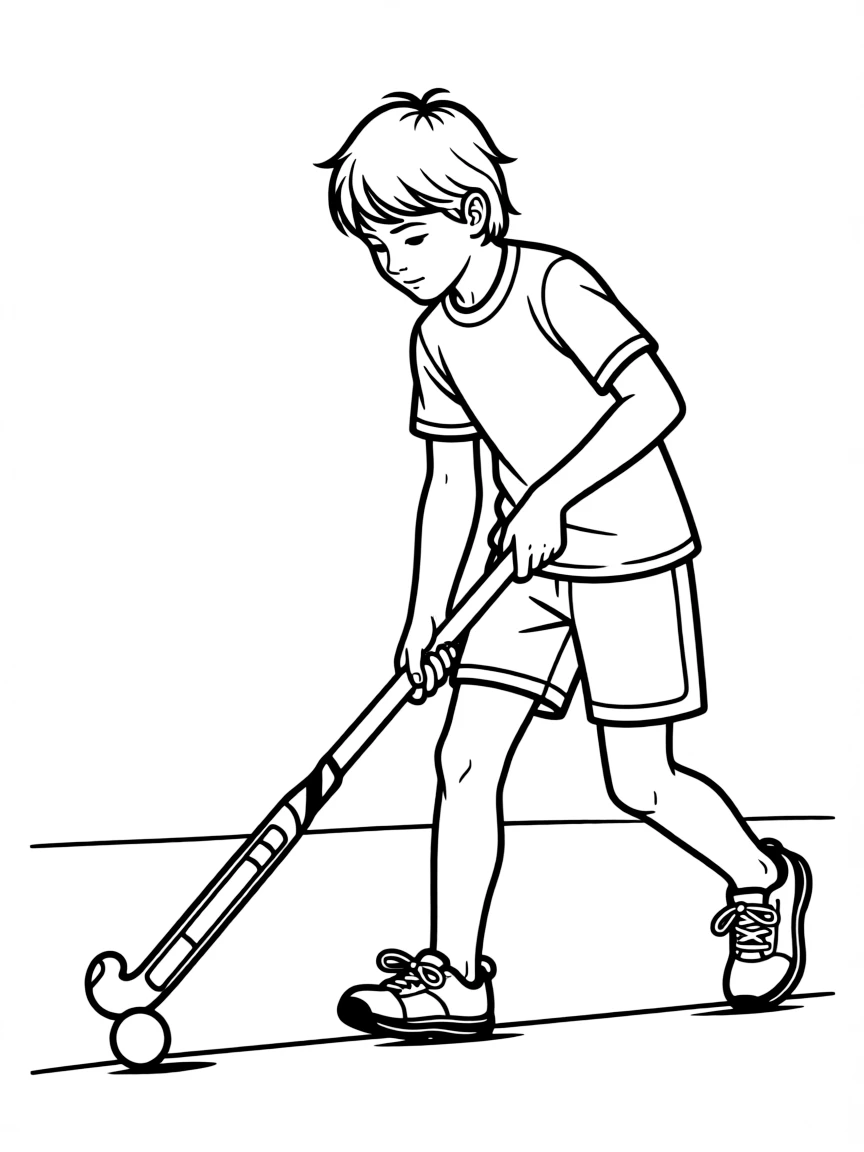 (sports) A child a dribbling child playing field hockey