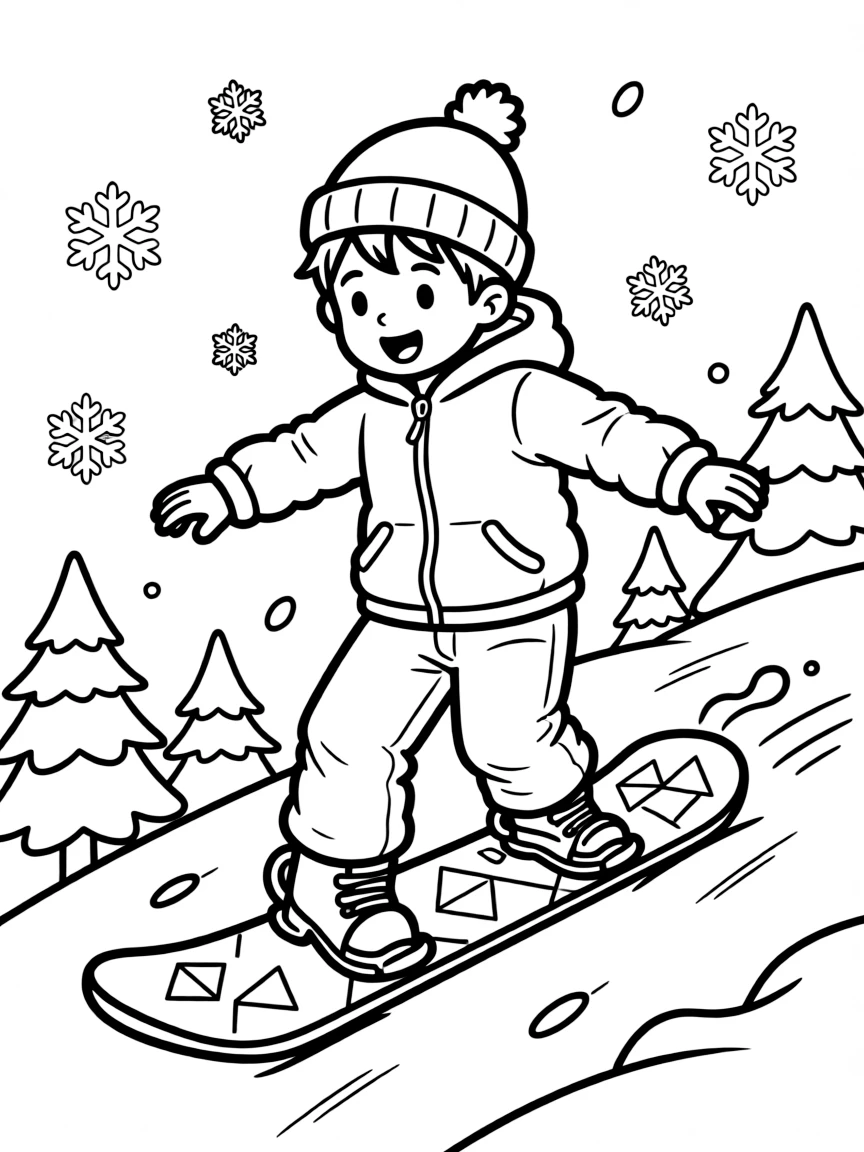(sports) A child a balanced child snowboarding
