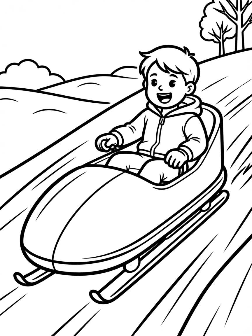 (sports) A child a zooming child in a bobsled