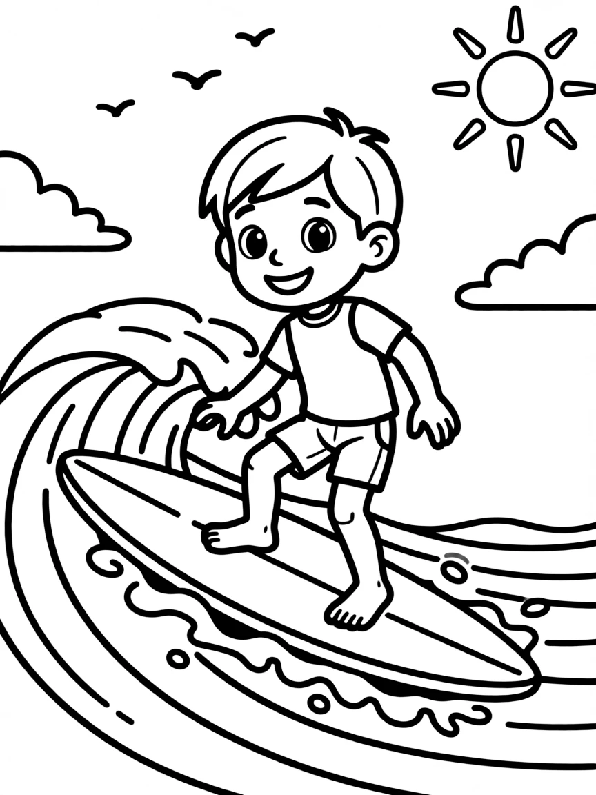 (sports) A child cartoon child doing surfing