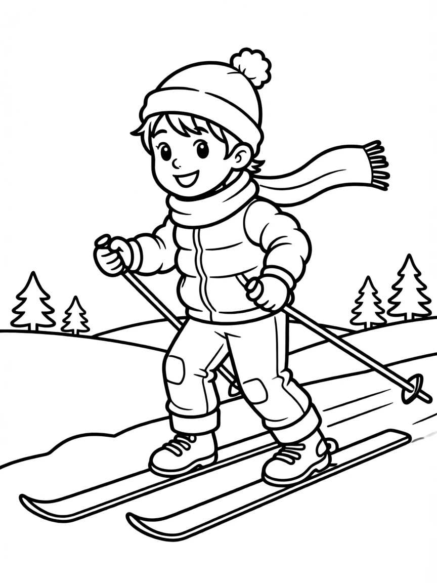(sports) A child cartoon child doing cross-country skiing