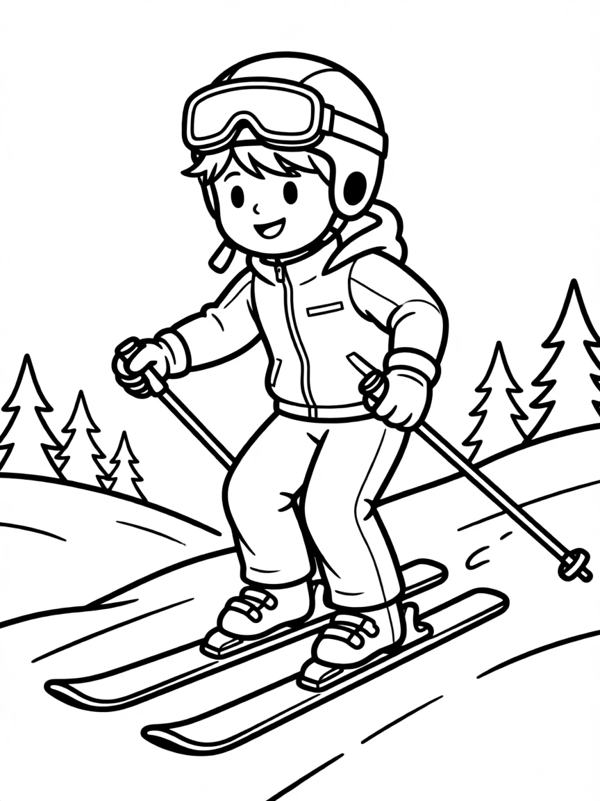 (sports) A child cartoon child doing alpine skiing