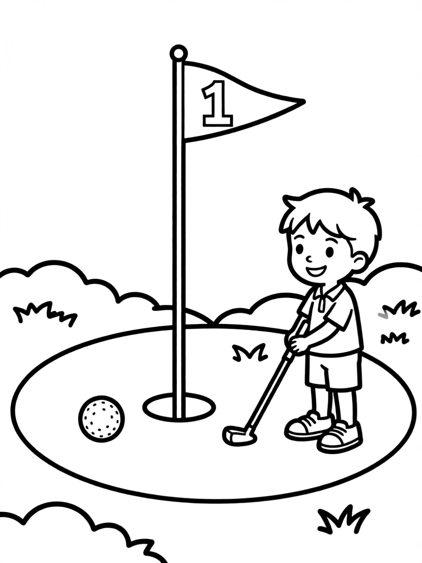 (sports) A child simple golf hole with flag