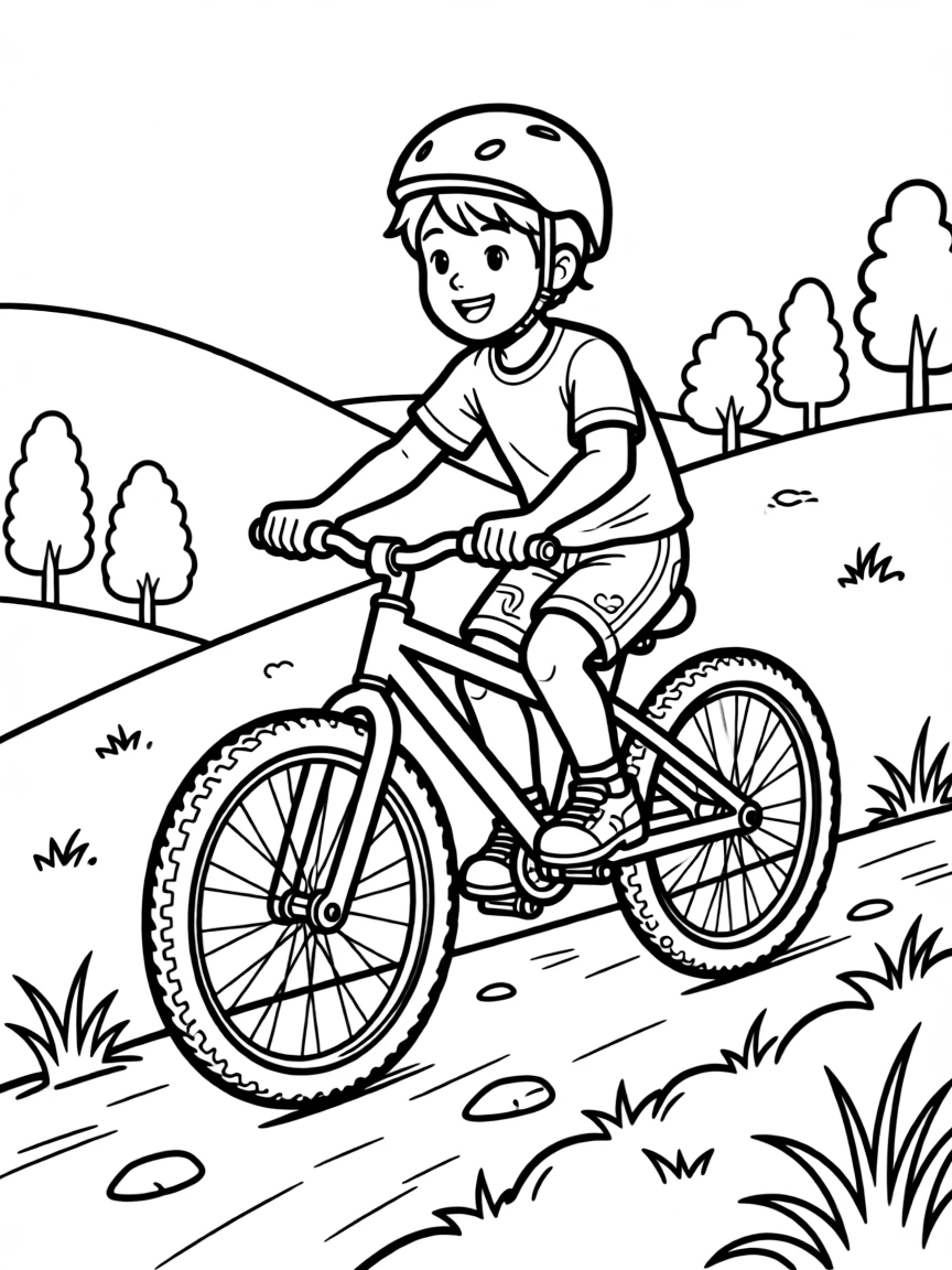 (sports) A child a boy mountain biking