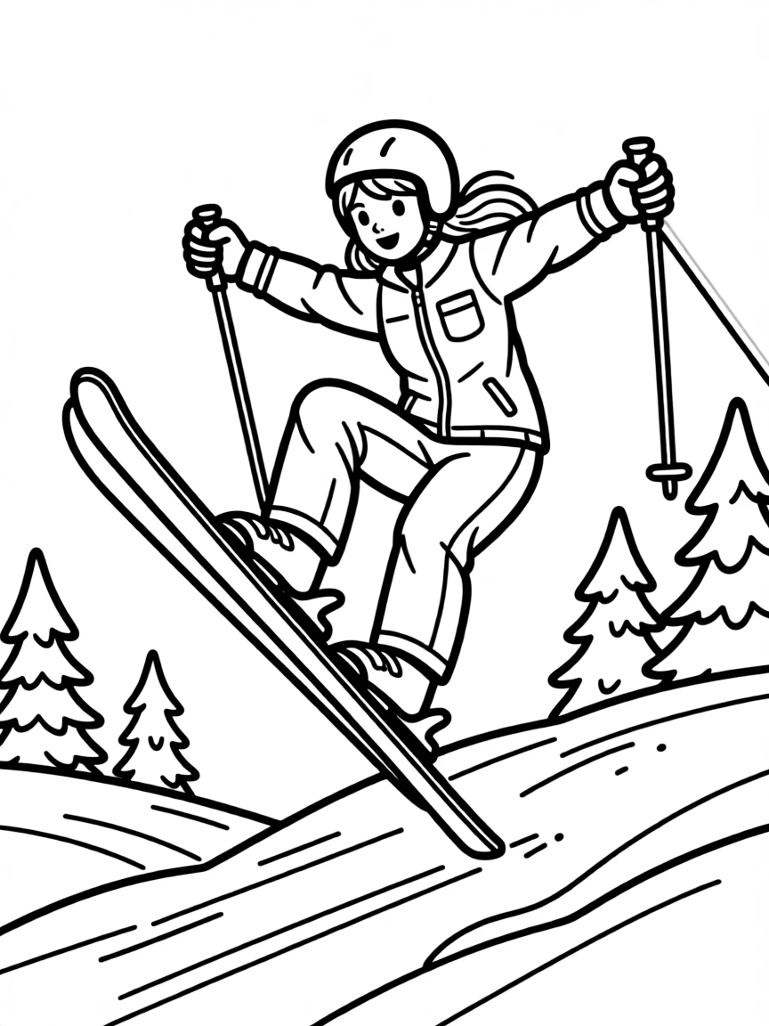 (sports) A child a girl doing freestyle skiing