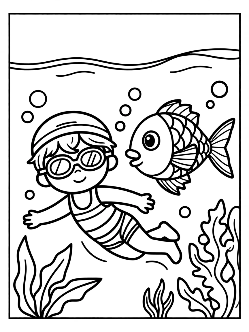 (sports) A child a swimming fish with goggles