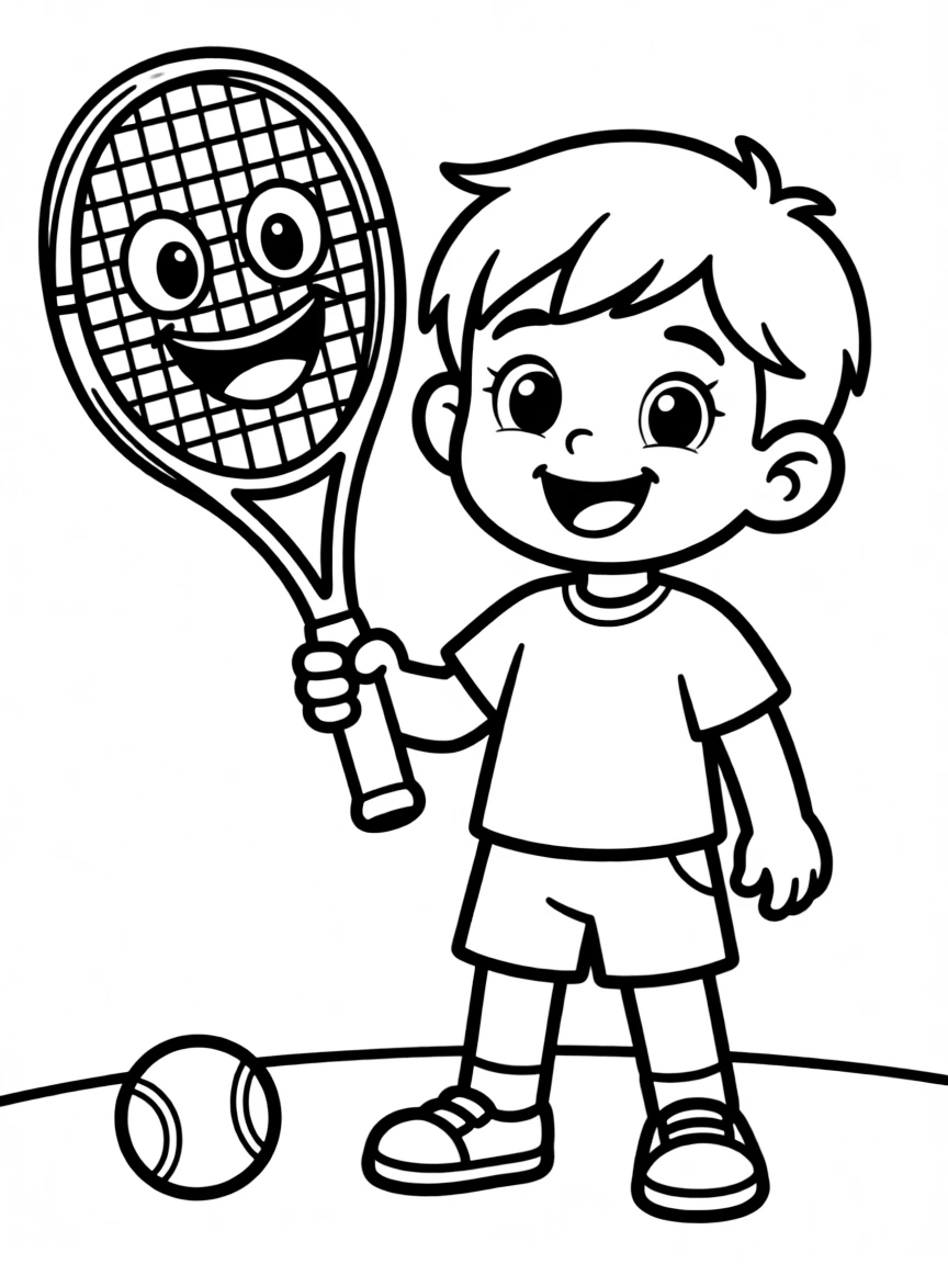 (sports) A child a tennis racket with a happy face