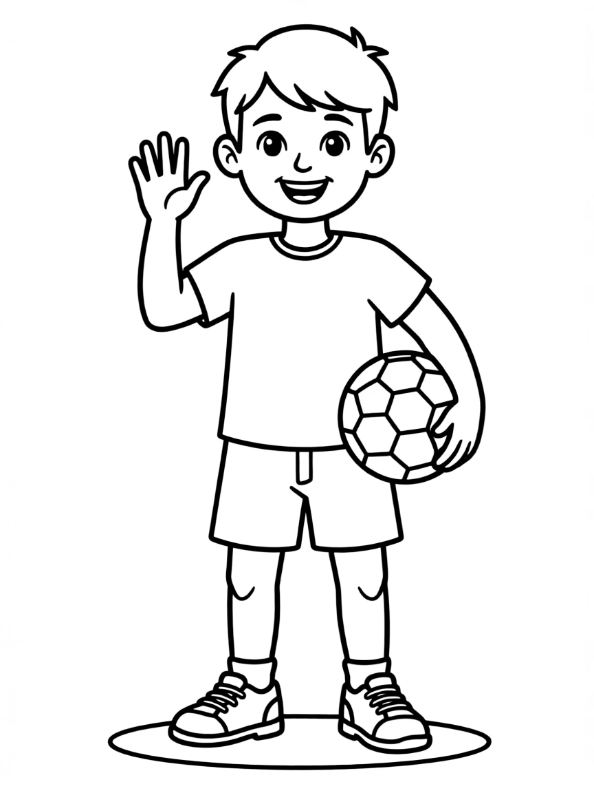 (sports) A child a handball saying hello