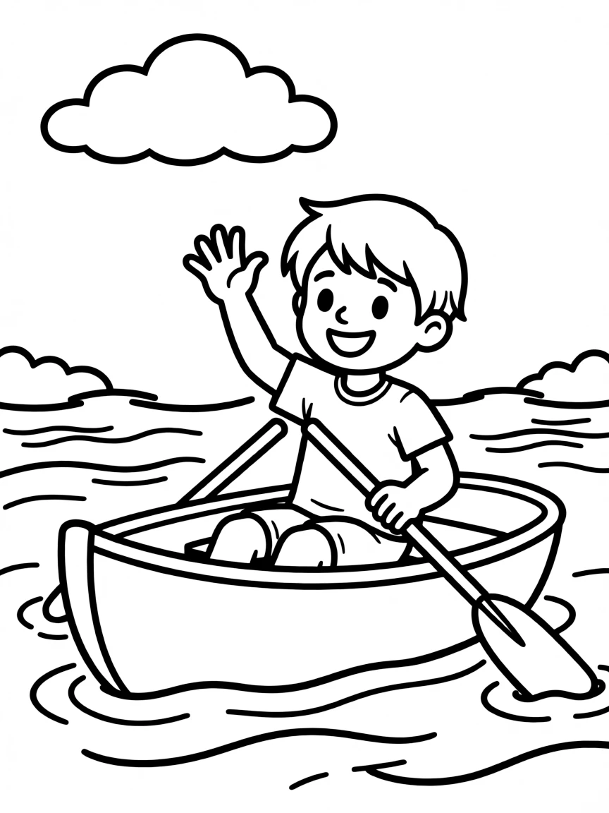 (sports) A child a rowing boat with oars waving