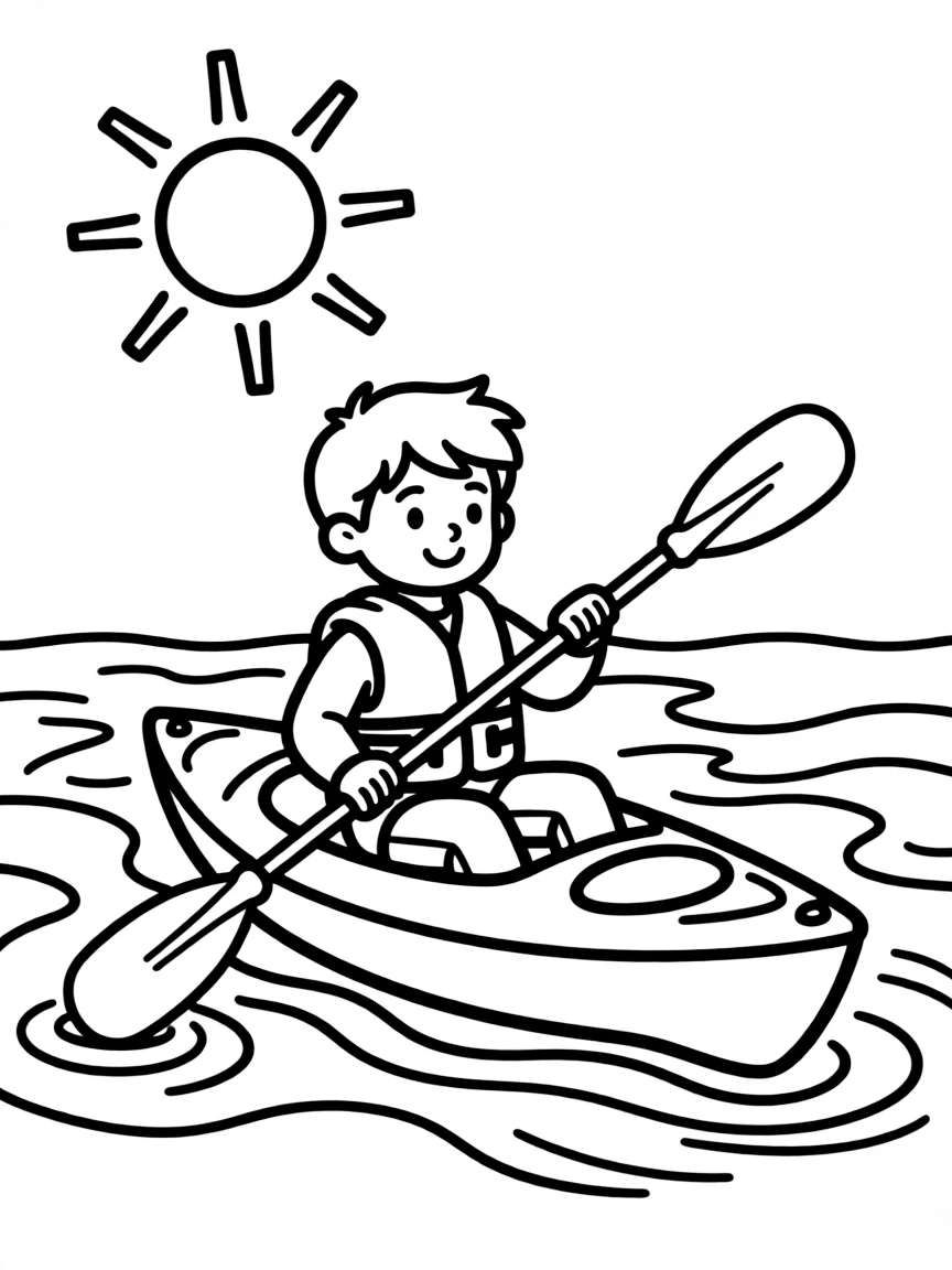 (sports) A child a kayak with a sun