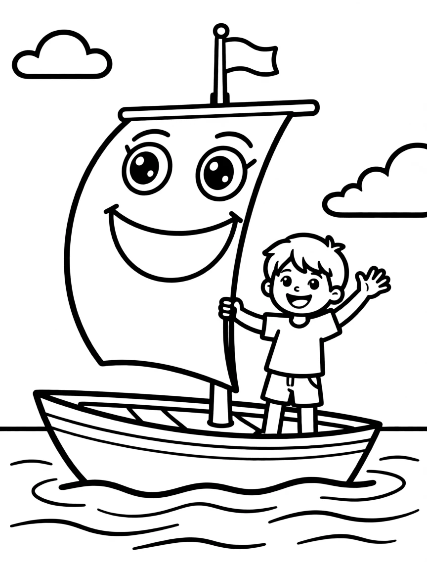 (sports) A child a sailboat with a smiling sail