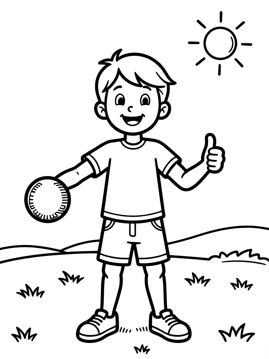 (sports) A child a shot put ball with a thumbs up