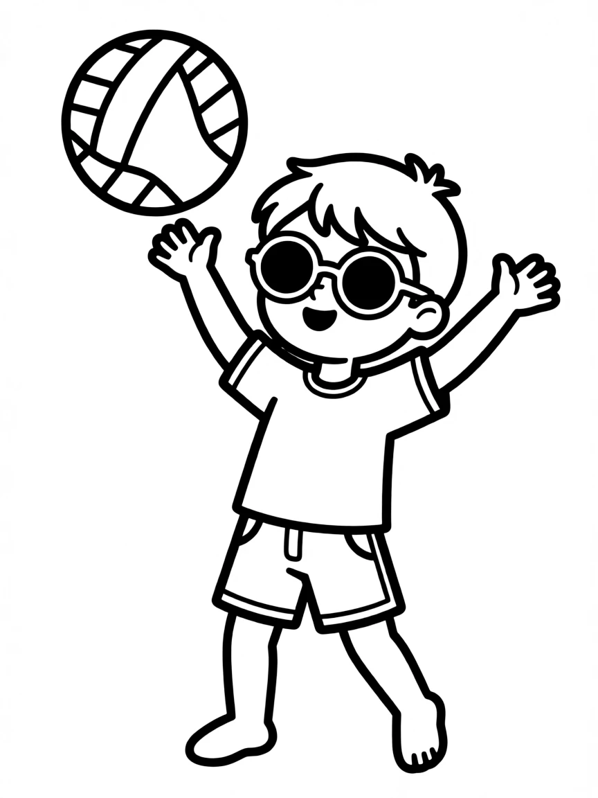 (sports) A child a beach volleyball with sunglasses