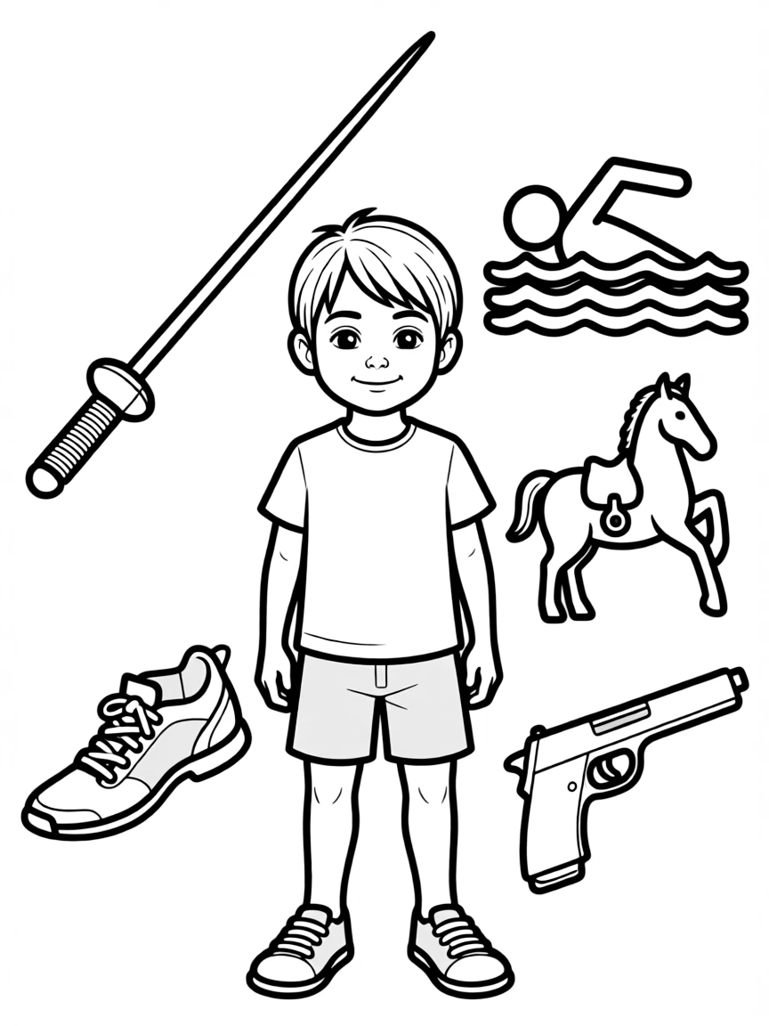 (sports) A child modern pentathlon symbols smiling