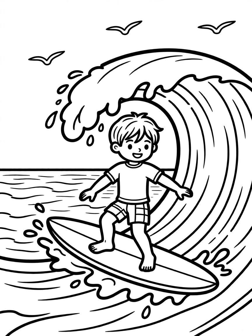 (sports) A child a surfboard riding a friendly wave