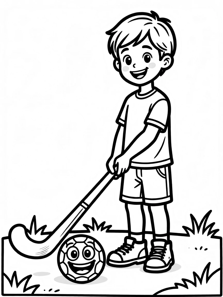 (sports) A child a field hockey stick with a smiling ball