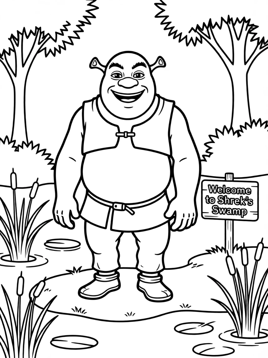 (movie characters) Shrek smiling in his swamp.