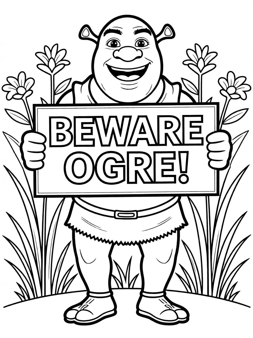 (movie characters) Shrek holding a sign that says "Beware Ogre!"