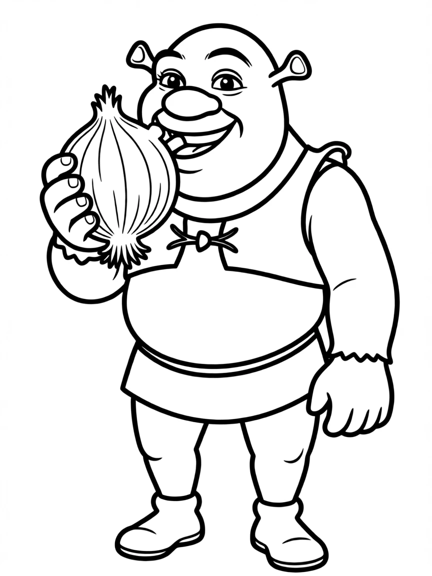 (movie characters) Shrek eating an onion.