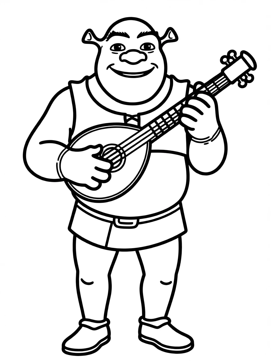 (movie characters) Shrek playing a lute.