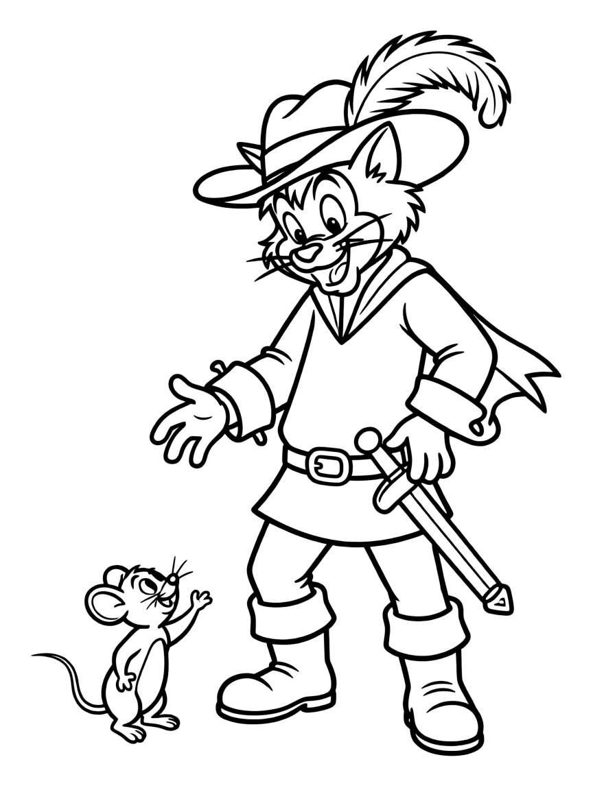 (movie characters) Puss in Boots trying to catch a mouse.