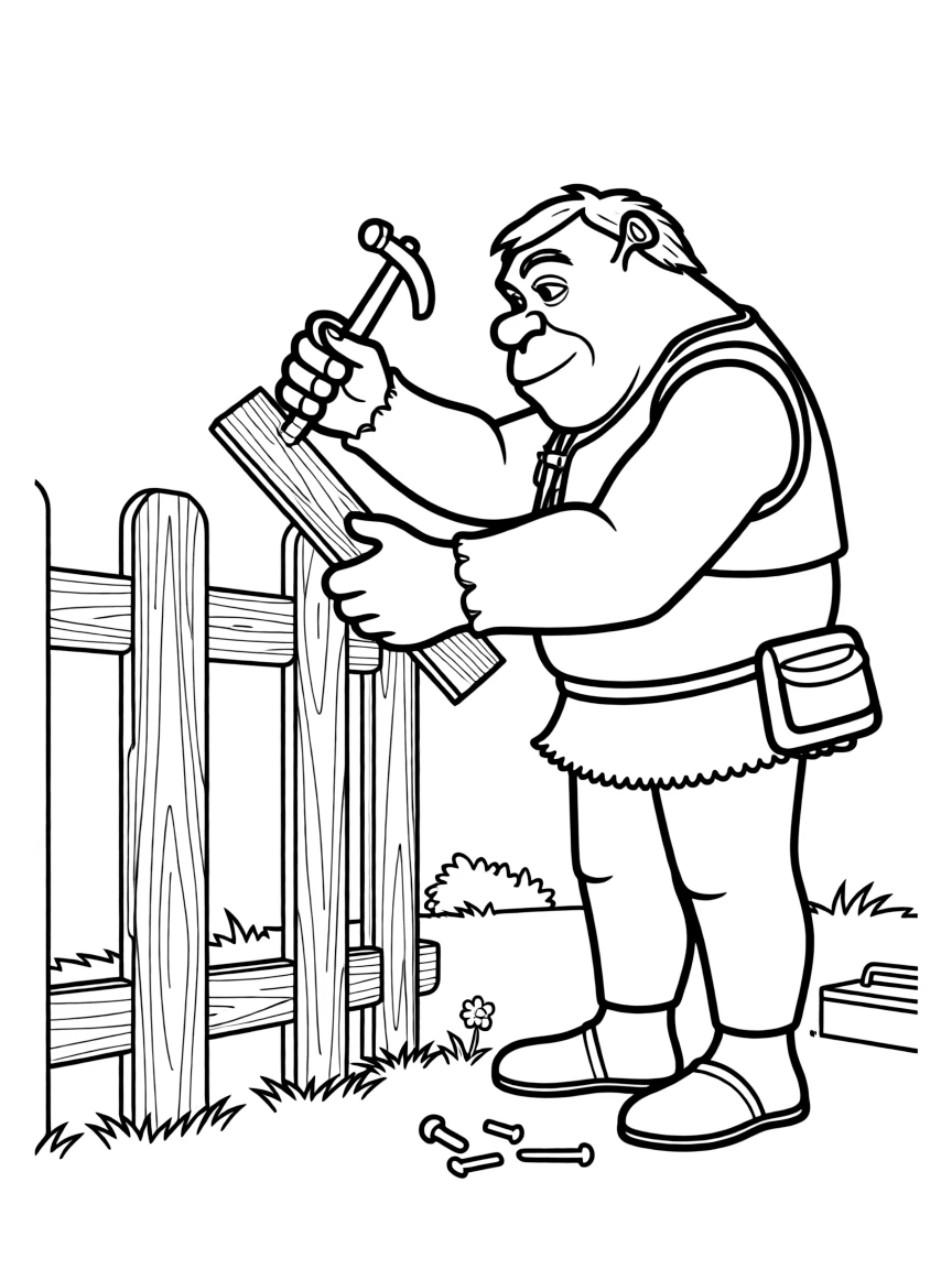 (movie characters) Shrek building a fence.