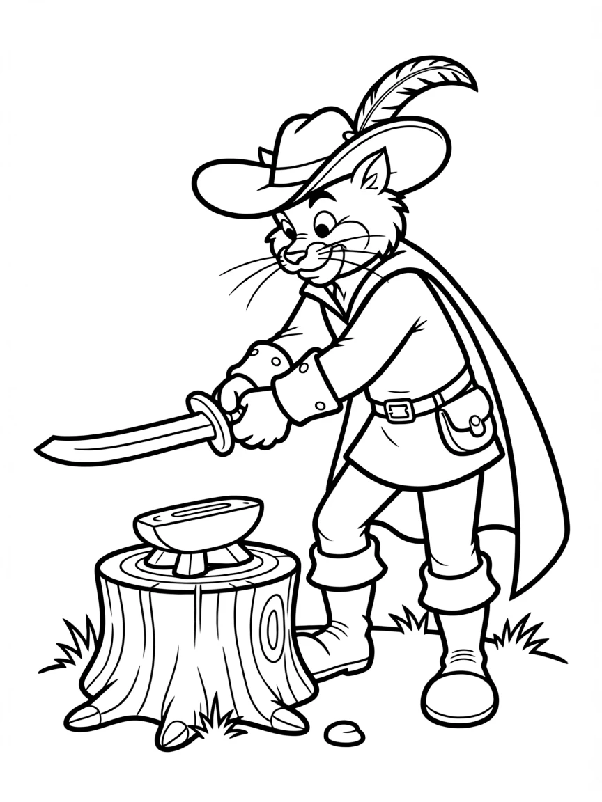 (movie characters) Puss in Boots sharpening his sword.