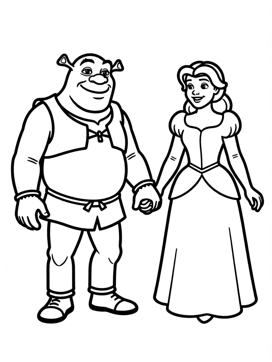 (movie characters) Shrek and Fiona holding hands.
