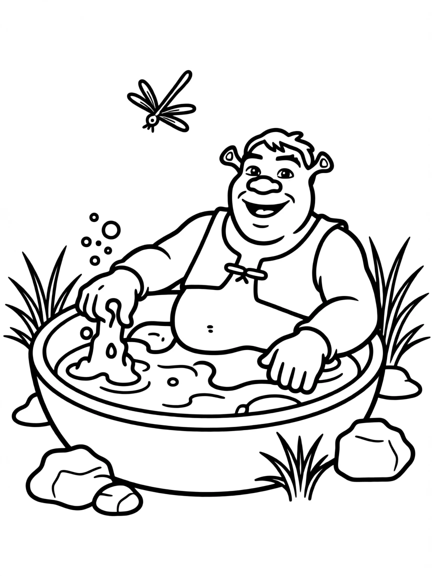 (movie characters) Shrek in a mud bath.