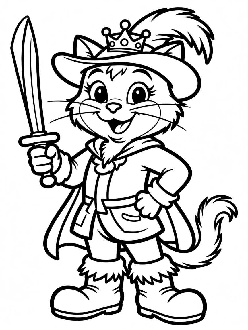 (movie characters) Puss in Boots wearing a tiny crown.