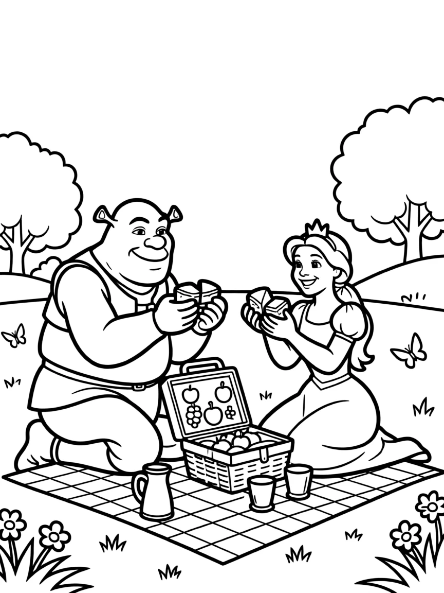 (movie characters) Shrek and Fiona having a picnic.