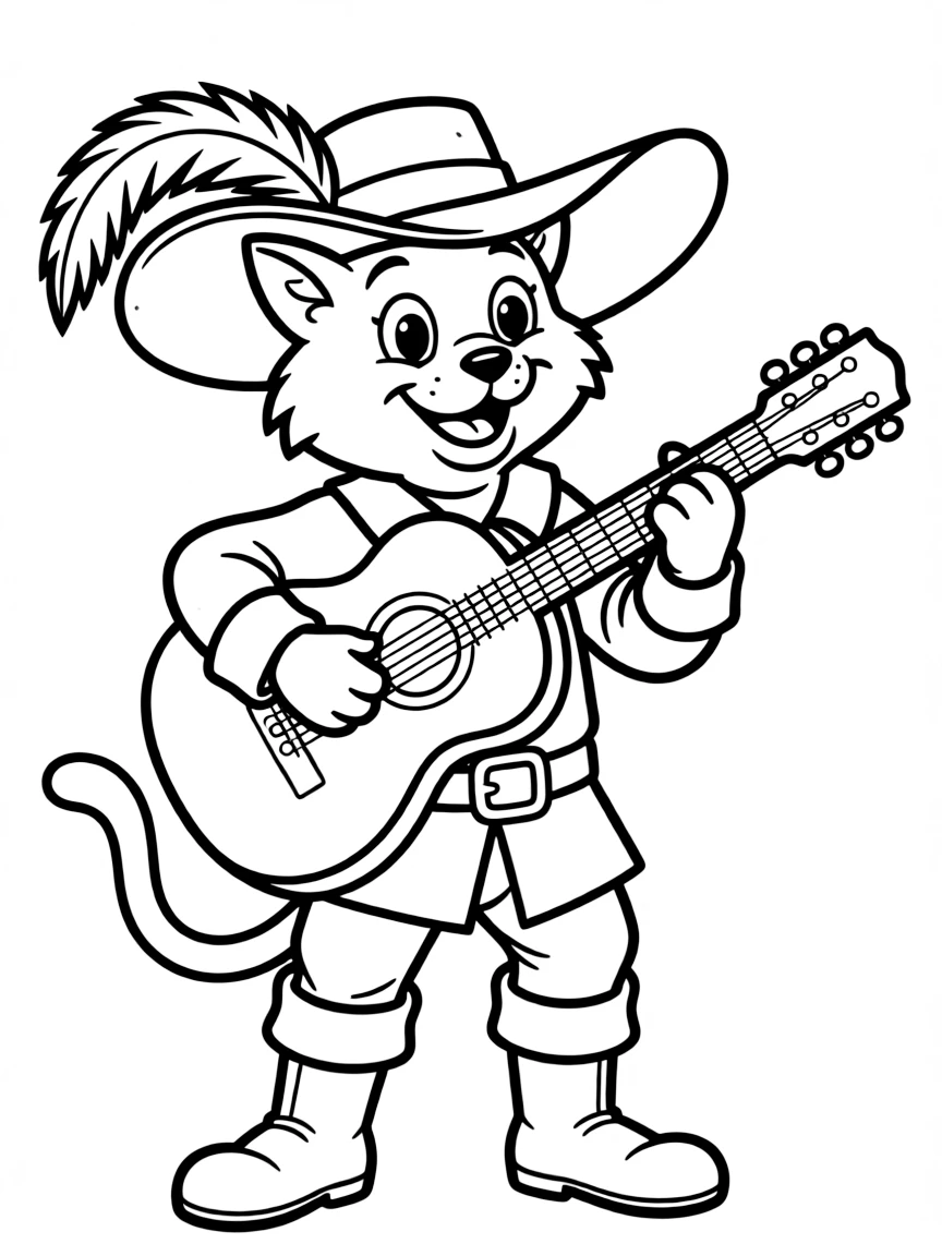 (movie characters) Puss in Boots playing a guitar.