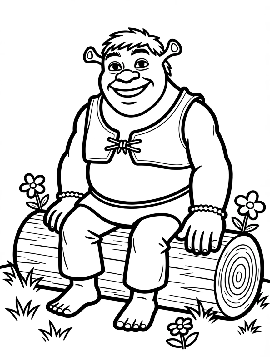 (movie characters) Shrek sitting on a log.