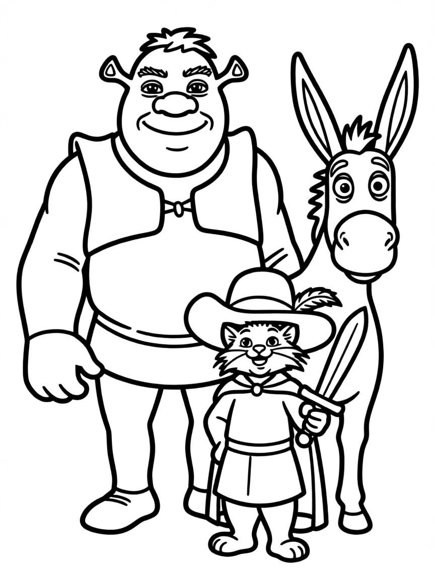 (movie characters) Shrek, Donkey, and Puss in Boots together.