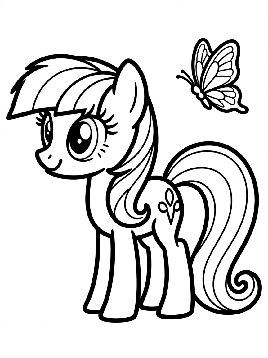 A simple outline of Fluttershy with a butterfly.