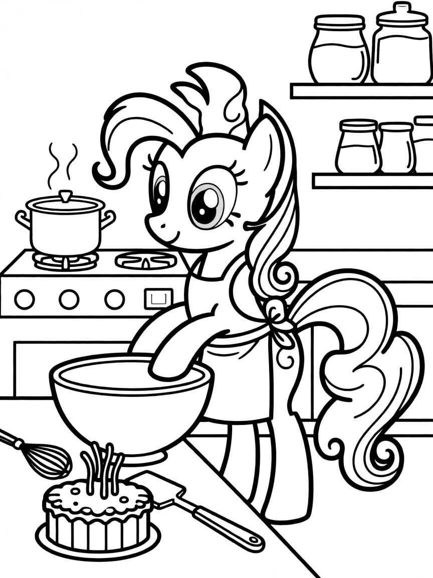 A simple outline of Pinkie Pie baking a cake.