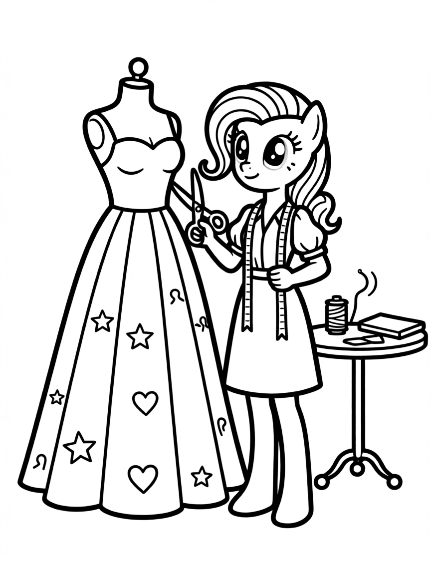 A simple outline of Rarity designing a dress.