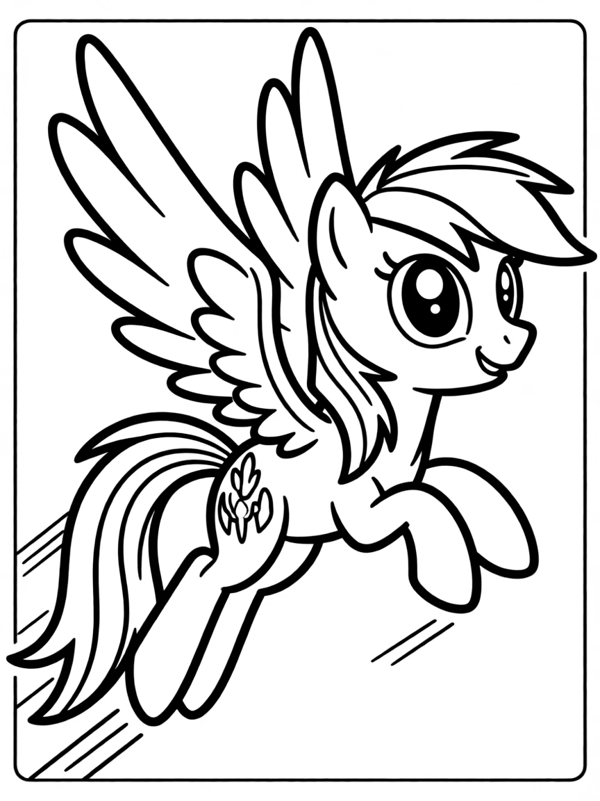 A simple outline of Rainbow Dash flying fast.