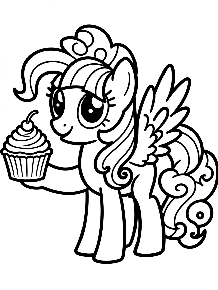 A simple outline of Pinkie Pie offering a cupcake.