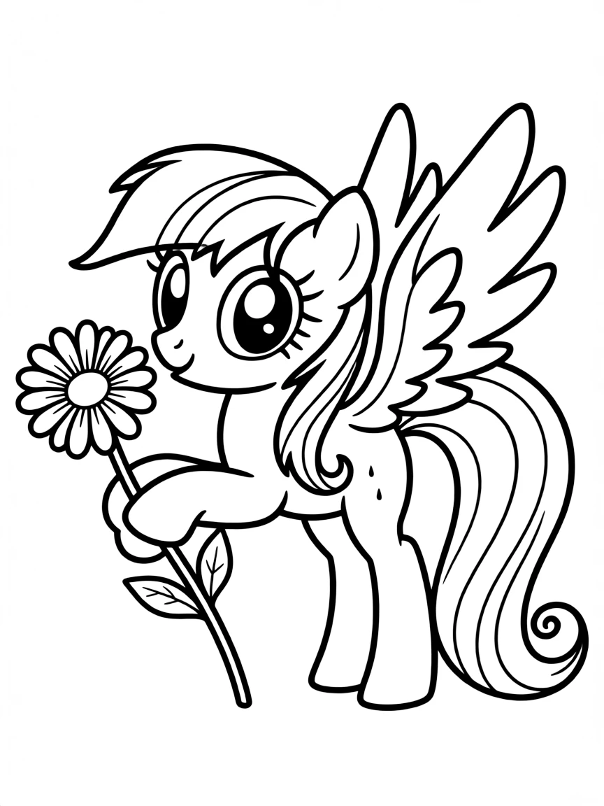 A simple outline of Fluttershy holding a flower.