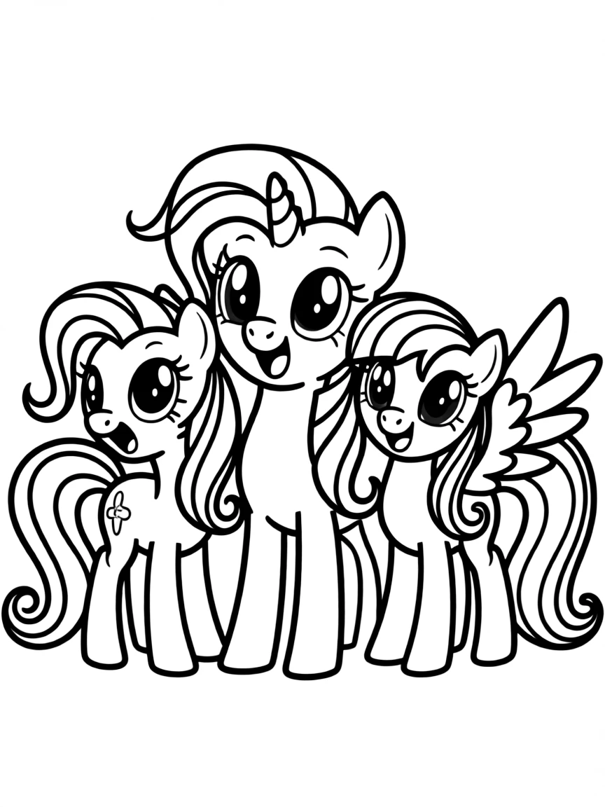 A simple outline of Twilight Sparkle with her friends laughing.