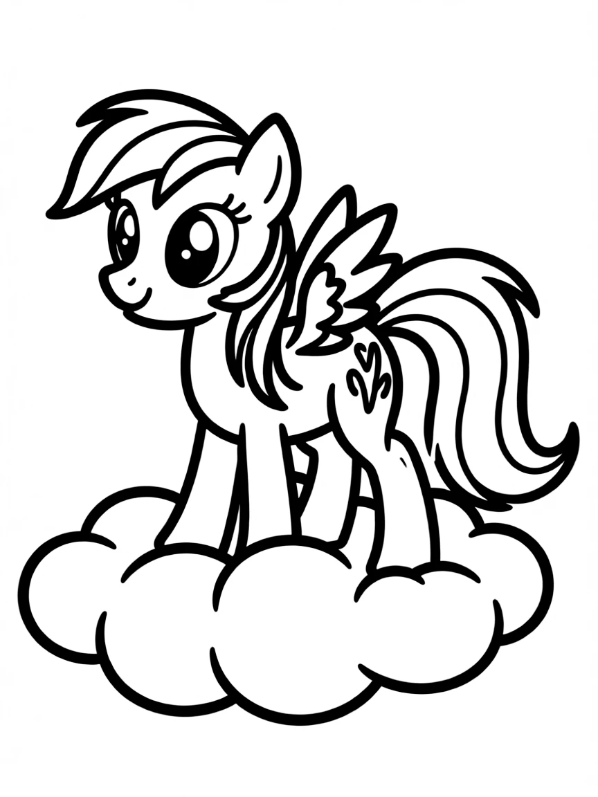 A simple outline of Rainbow Dash surfing on a cloud.