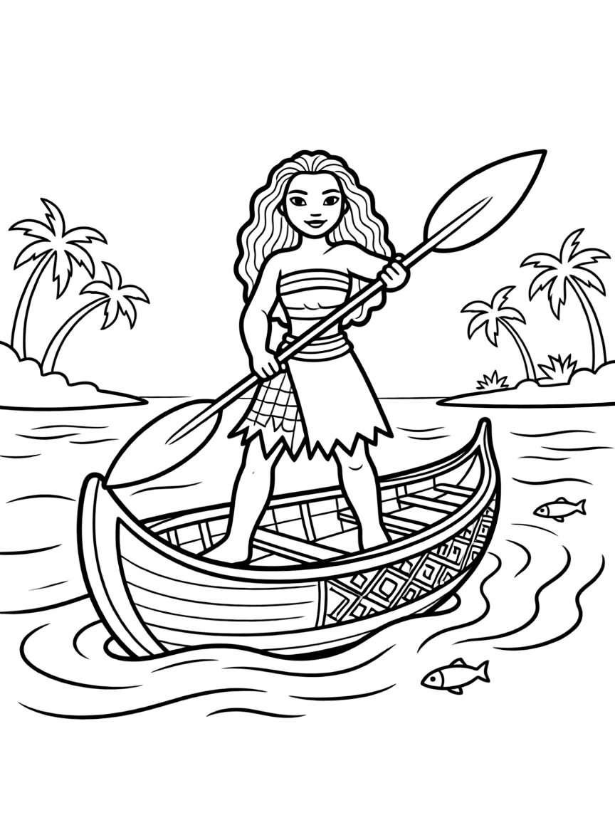 (characters in movie "Moana") Moana sailing in her canoe.