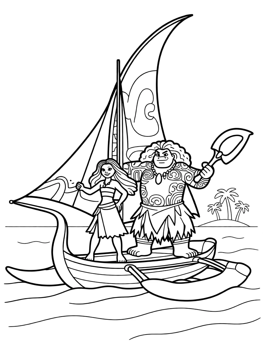 (characters in movie "Moana") Moana and Maui on the boat.