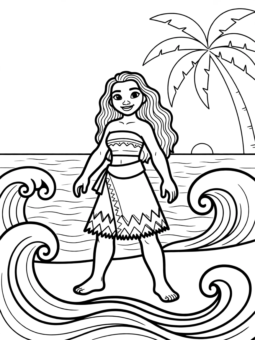 (characters in movie "Moana") Moana with ocean waves.